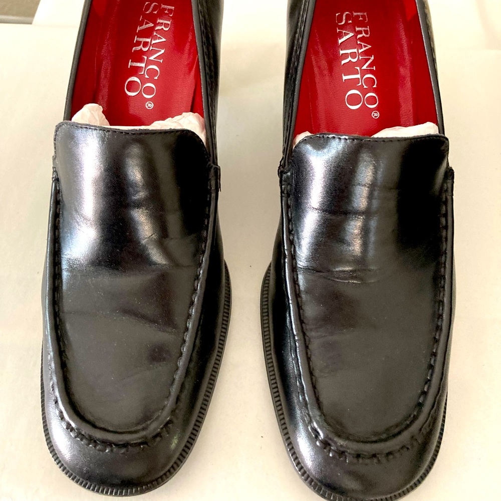 NIB Black leather loafer heels, 2.75 inch heel height, size 6.5m by Franco Sarto